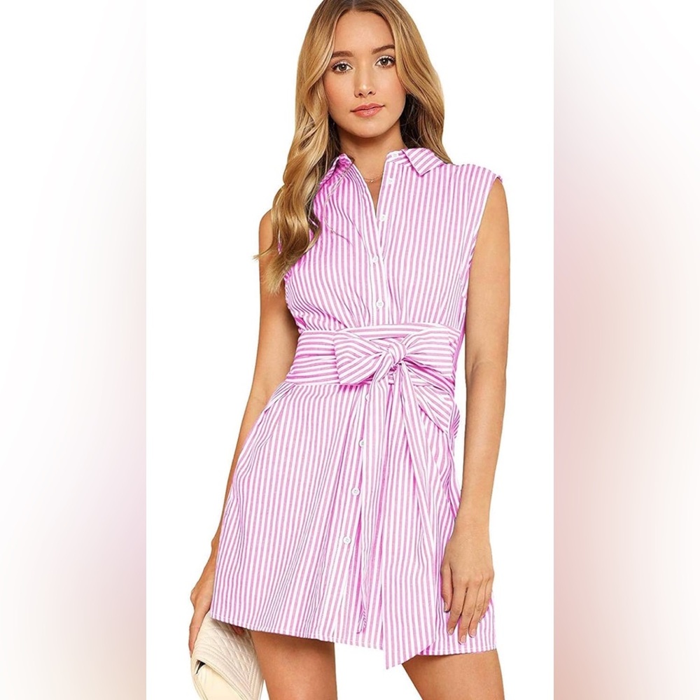 Pink Striped Sleeveless Shirt Dress